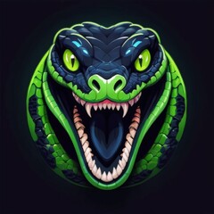 Logo Mascot of a Fierce Green Snake Opening Its Mouth, Showing Sharp Fangs with Glowing Neon Eyes, Ideal for Esport Teams
