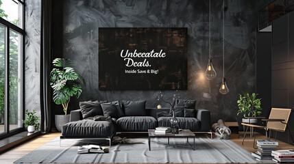 Midnight black canvas with chic white lettering "Unbeatable Deals Inside. Shop Now & Save Big!"