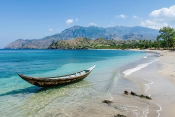 Naklejka na ściany i meble East Exotic Paradise: Tropical Coastline and Beach in Dili with Boats along Eastern Shoreline