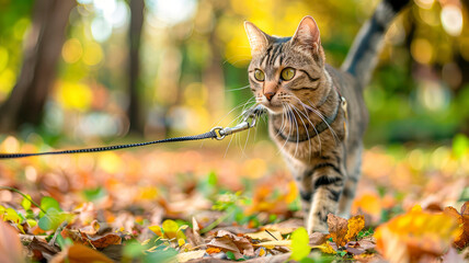 the cat walks on a leash in the park. Selective focus.