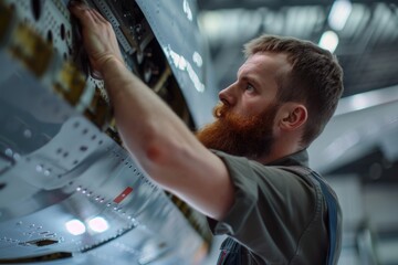 Experienced Bearded Aviation Mechanic Conducting Aircraft Maintenance and Repair Work in Hangar