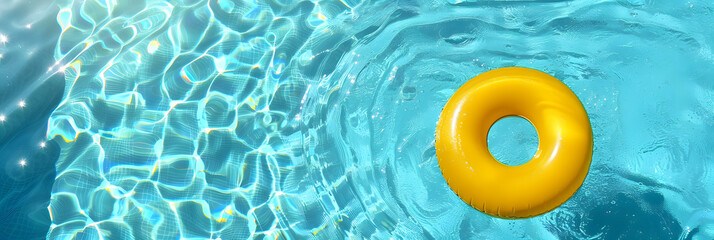 yellow swimming pool ring float in blue water. concept color summer.