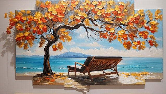This is a painting of a beach scene. There is a large tree with orange leaves in the foreground, and a lounge chair sitting on the beach. The ocean is in the background with a small island on the hori