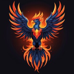 Phoenix Bird Mascot Logo with Dark Orange Fiery Feathers and Neon Yellow Eyes, Exhibiting a Mysterious Aura and Strength