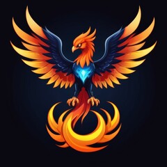 Fiery Phoenix Bird Logo Mascot with Bright Yellow Eyes and a Blazing Tail, Representing Roaring Courage