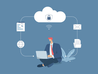 Technology cloud computing service server storage concept and cloud security, Secure connection, Storage of important data, A man uses laptop to work in social media.  Vector design illustration.