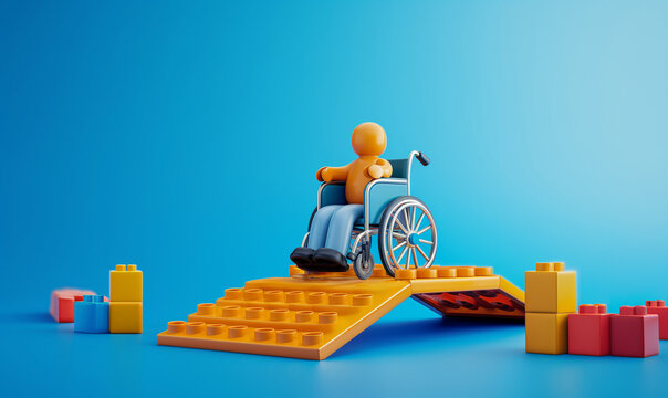 Game of building blocks toys with disabled person sitting in wheelchair, a set of plastic color building bricks with a handicapped character on a bridge or access ramp, accessible urban design symbol