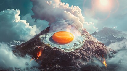 a volcano crater with a sunny-side up egg being cooked in the middle of it, with smoke and sizzle - obrazy, fototapety, plakaty