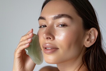 facial gua sha tool: a models face shows visible improvement in fine lines due to the tools use