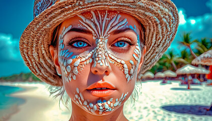Beach fashion, fancy makeup and headdress of a beautiful girl on the beach