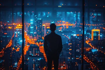 Fototapeta premium A young CEO overlooking a cityscape from a skyscraper, envisioning the future impact of their technology startup