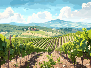 Fototapeta na wymiar Summer Serenity in an Italian Vineyard: An Animated Adventure