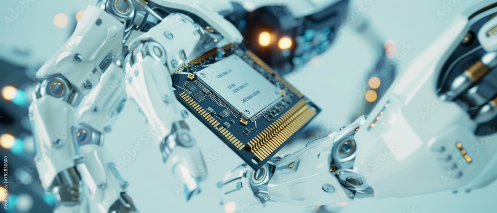 Poster a robot arm with a cpu chip in its end effector. this is a modern high tech authentic robot arm with