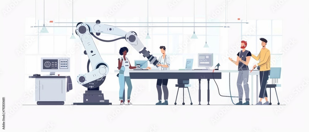 Poster a group of industrial robotics engineers gather around a table with a modern moving robot arm. they 