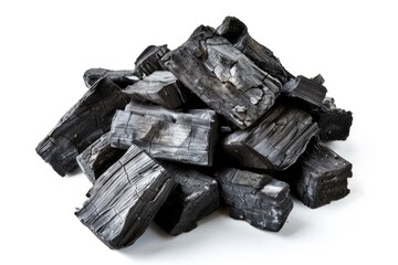 Isolated Black Charcoal Briquette for BBQ with Clipping Path and Depth of Field. Scorching Energy Bunch Briquet Fuel on Dark Background