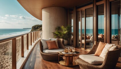 bronze theme private luxury balcony with view of the beach from Generative AI - obrazy, fototapety, plakaty