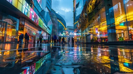 A busy city street with people walking and cars driving