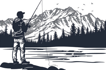 Naklejka premium A man is fishing in a lake with mountains in the background