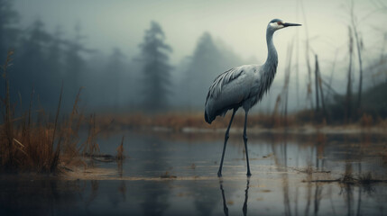 Naklejka premium A crane walking in search of food in a pond that is not deep in nature.