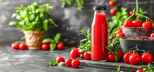 A bottle of tomato juice with fresh tomatoes and basil leaves on a wooden table.