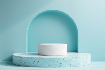 Contemporary podium with a calming blue arch backdrop for sophisticated product presentations.