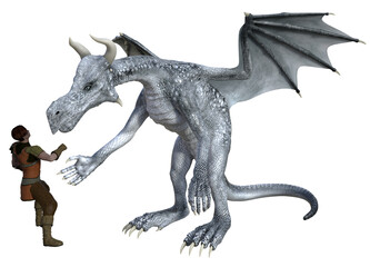 Fototapeta premium Standing silver dragon communication with a young man