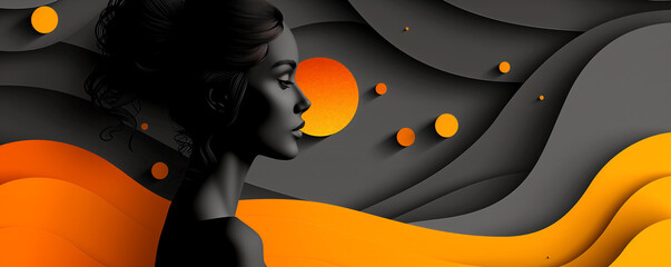 A woman is standing in front of a large orange sun - 792831250
