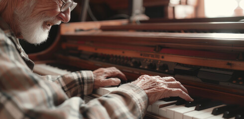 an old man happily playing piano