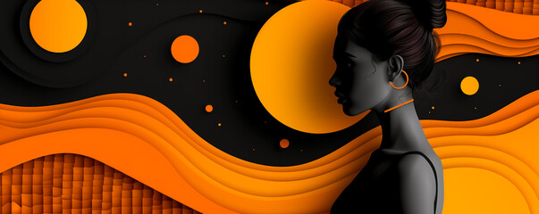 A woman is standing in front of a black and orange background - 792831460