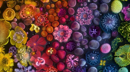 A microscopic view of pollen grains from different flowers ranging in size and shape creating a visual depiction of a colorful spectrum