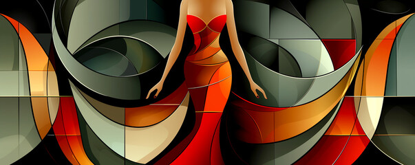 A woman in a red dress is depicted in a painting with a black background - 792831631