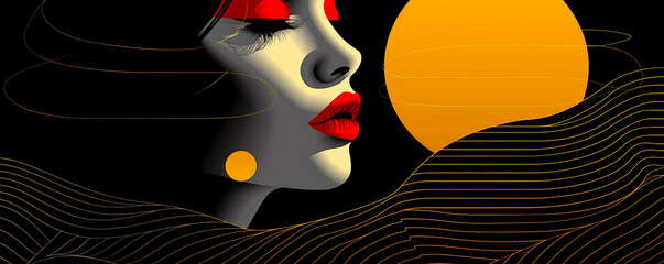 A woman with red lips and a red sun in the background - 792831673
