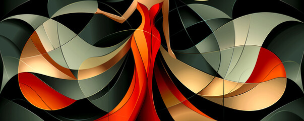 A woman in a red dress is depicted in a painting with a black background - 792831685