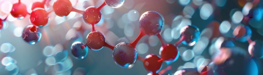 A close up of a molecule with a red and blue background