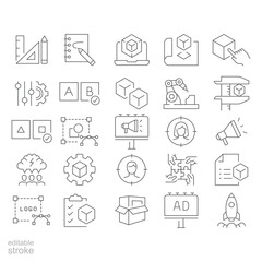 New product development icon set. Simple outline style. Product design, industry, team, accuracy, focus, billboard, business concept. Thin line symbol. Vector illustration isolated. Editable stroke.