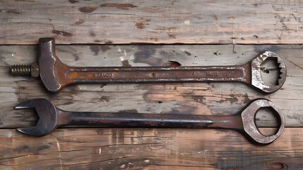 Vintage Metal Tools on Wooden Background, Old Steel Hammer and Wrench, Embodying the Spirit of Repair and Craftsmanship