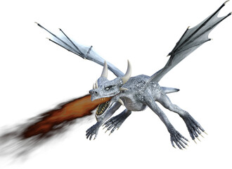 Fototapeta premium Silver fire breathing dragon in flight illustration
