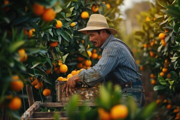 A hard working employee in a orange tree field, A farm worker harvesting orange yield