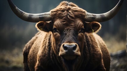 A horned bull is looking directly into the camera. The bull appears to be staring directly at the observer, giving the picture a somber and dramatic quality. - obrazy, fototapety, plakaty