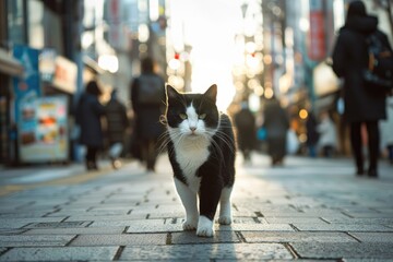 A black and white cat walking down a city street, A tuxedo cat being nice walking on street
