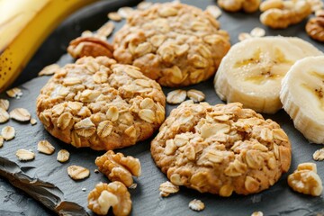 Low-Calorie Banana Cookies: Homemade Recipe with Organic Whole Grain Oatmeal and Walnuts. Sweet Dessert Pastry Up High View on Slate Board