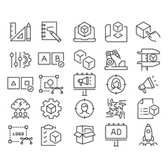 Fototapeta na wymiar New product development icon set. Simple outline style. Product design, industry, team, accuracy, focus, billboard, business concept. Thin line symbol. Vector illustration isolated.