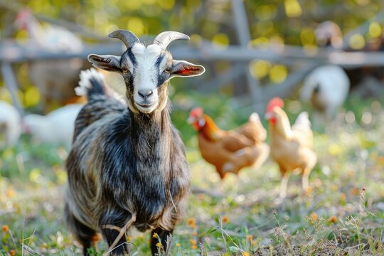 Lovely Goat and Chicken on Meadow. A Cute Poultry Bird and Animal Image in Natural Setting