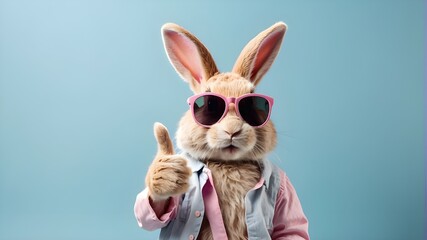 Sunglass-wearing Easter bunny giving a thumbs up against a pastel background with copy space