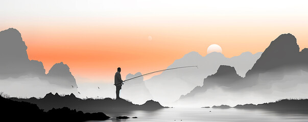A man is fishing in a lake with mountains in the background - 792832271