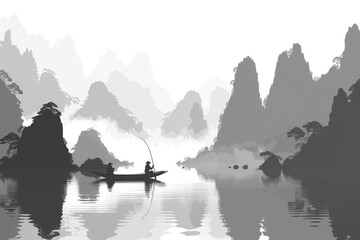 A man is fishing in a lake surrounded by mountains - 792832277