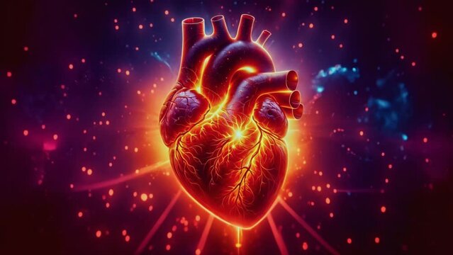 Human glowing heart  organ with particles, 4k animation.