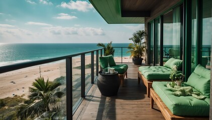 green theme private luxury balcony with view of the beach from Generative AI