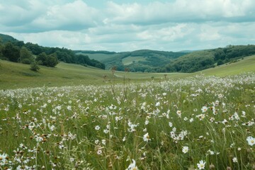 Obraz premium A field of wildflowers swaying in the breeze, rolling hills leading to a distant forest