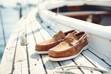Men's Brown Leather Boat Shoes on White Wooden Board. Perfect Sailing or Casual Attire for Boat Activities and Cruises - obrazy, fototapety, plakaty